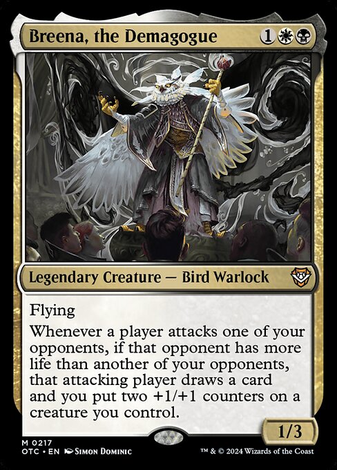 Flying
Whenever a player attacks one of your opponents, if that opponent has more life than another of your opponents, that attacking player draws a card and you put two +1/+1 counters on a creature you control.