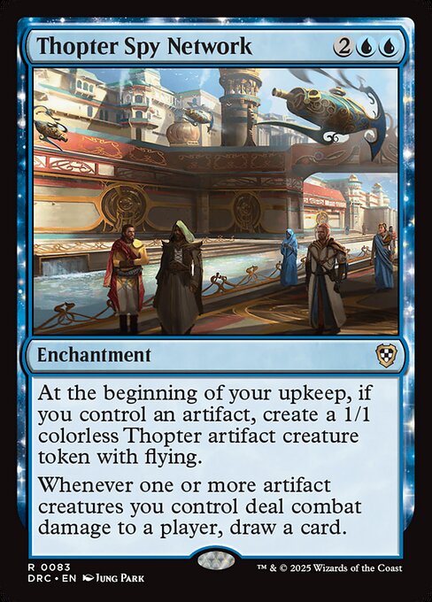At the beginning of your upkeep, if you control an artifact, create a 1/1 colorless Thopter artifact creature token with flying.
Whenever one or more artifact creatures you control deal combat damage to a player, draw a card.