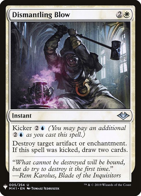 Kicker {2}{U} (You may pay an additional {2}{U} as you cast this spell.)
Destroy target artifact or enchantment. If this spell was kicked, draw two cards.