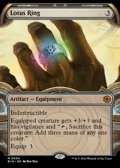 Indestructible
Equipped creature gets +3/+3 and has vigilance and "{T}, Sacrifice this creature: Add three mana of any one color."
Equip {3}