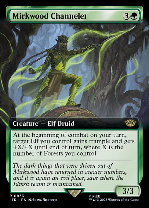 At the beginning of combat on your turn, target Elf you control gains trample and gets +X/+X until end of turn, where X is the number of Forests you control.