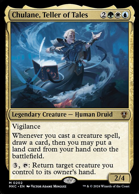 Vigilance
Whenever you cast a creature spell, draw a card, then you may put a land card from your hand onto the battlefield.
{3}, {T}: Return target creature you control to its owner's hand.