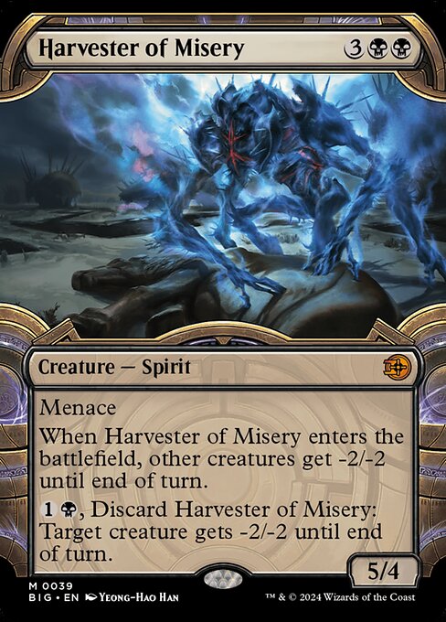 Menace
When Harvester of Misery enters the battlefield, other creatures get -2/-2 until end of turn.
{1}{B}, Discard Harvester of Misery: Target creature gets -2/-2 until end of turn.