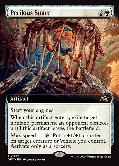 Start your engines! (If you have no speed, it starts at 1. It increases once on each of your turns when an opponent loses life. Max speed is 4.)
When this artifact enters, exile target nonland permanent an opponent controls until this artifact leaves the battlefield.
Max speed — {T}: Put a +1/+1 counter on target creature or Vehicle you control. Activate only as a sorcery.