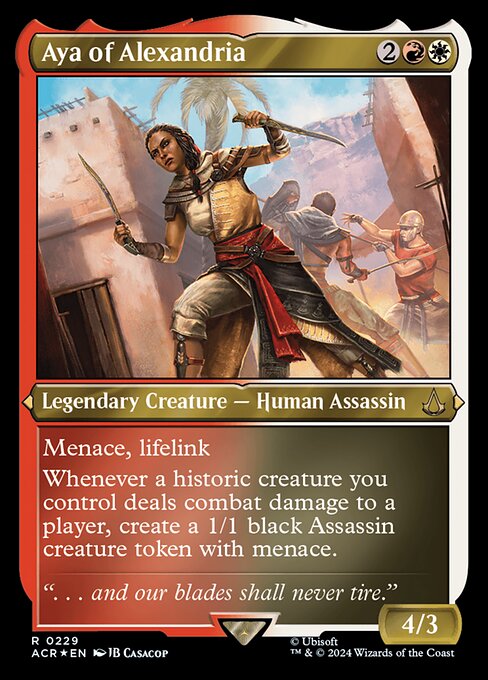 Menace, lifelink
Whenever a historic creature you control deals combat damage to a player, create a 1/1 black Assassin creature token with menace. (Artifacts, legendaries, and Sagas are historic.)