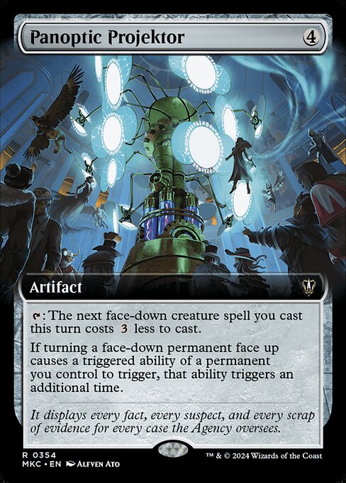 {T}: The next face-down creature spell you cast this turn costs {3} less to cast.
If turning a face-down permanent face up causes a triggered ability of a permanent you control to trigger, that ability triggers an additional time.