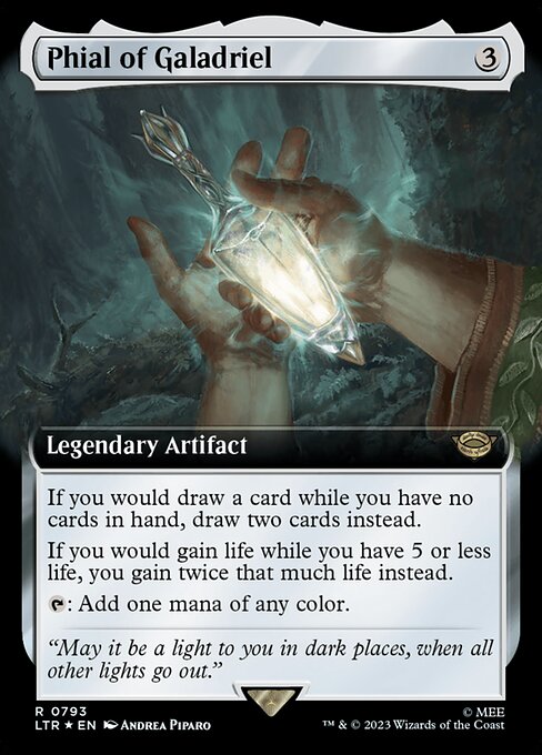 If you would draw a card while you have no cards in hand, draw two cards instead.
If you would gain life while you have 5 or less life, you gain twice that much life instead.
{T}: Add one mana of any color.