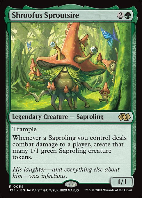 Trample
Whenever a Saproling you control deals combat damage to a player, create that many 1/1 green Saproling creature tokens.