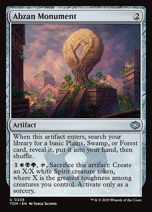 When this artifact enters, search your library for a basic Plains, Swamp, or Forest card, reveal it, put it into your hand, then shuffle.
{1}{W}{B}{G}, {T}, Sacrifice this artifact: Create an X/X white Spirit creature token, where X is the greatest toughness among creatures you control. Activate only as a sorcery.