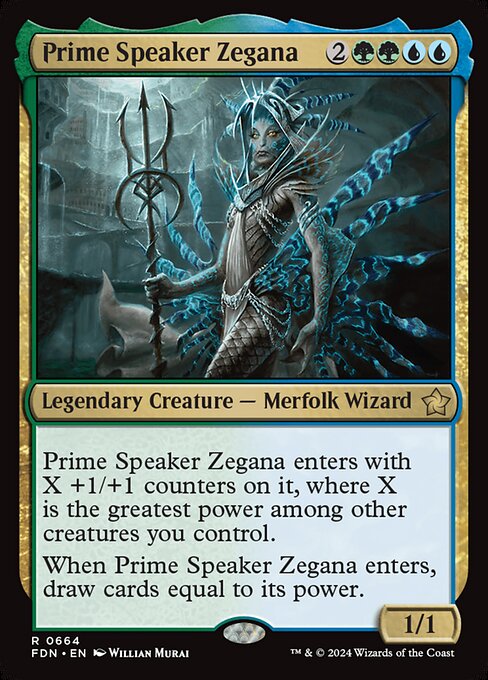 Prime Speaker Zegana enters with X +1/+1 counters on it, where X is the greatest power among other creatures you control.
When Prime Speaker Zegana enters, draw cards equal to its power.