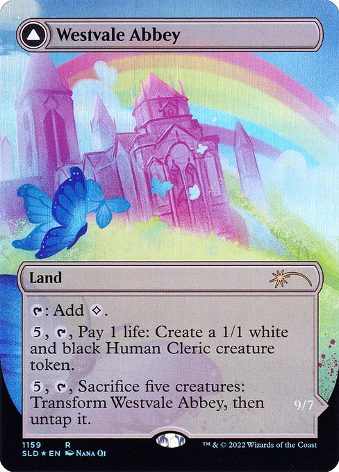 {T}: Add {C}.
{5}, {T}, Pay 1 life: Create a 1/1 white and black Human Cleric creature token.
{5}, {T}, Sacrifice five creatures: Transform Westvale Abbey, then untap it. Flying, lifelink, indestructible, haste