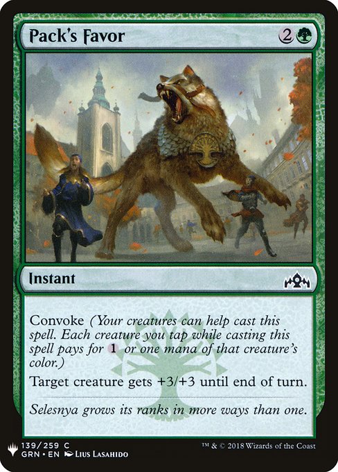 Convoke (Your creatures can help cast this spell. Each creature you tap while casting this spell pays for {1} or one mana of that creature's color.)
Target creature gets +3/+3 until end of turn.