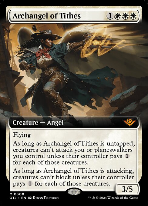 Flying
As long as Archangel of Tithes is untapped, creatures can't attack you or planeswalkers you control unless their controller pays {1} for each of those creatures.
As long as Archangel of Tithes is attacking, creatures can't block unless their controller pays {1} for each of those creatures.