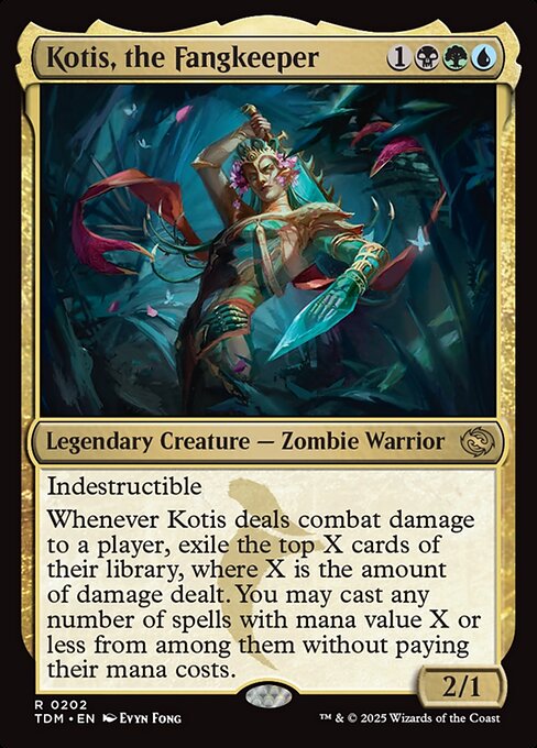 Indestructible
Whenever Kotis deals combat damage to a player, exile the top X cards of their library, where X is the amount of damage dealt. You may cast any number of spells with mana value X or less from among them without paying their mana costs.