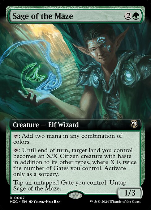 {T}: Add two mana in any combination of colors.
{T}: Until end of turn, target land you control becomes an X/X Citizen creature with haste in addition to its other types, where X is twice the number of Gates you control. Activate only as a sorcery.
Tap an untapped Gate you control: Untap Sage of the Maze.