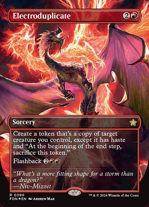 Create a token that's a copy of target creature you control, except it has haste and "At the beginning of the end step, sacrifice this token."
Flashback {2}{R}{R} (You may cast this card from your graveyard for its flashback cost. Then exile it.)