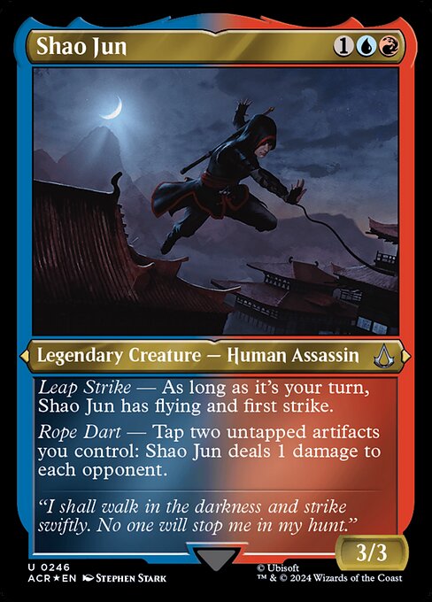 Leap Strike — As long as it's your turn, Shao Jun has flying and first strike.
Rope Dart — Tap two untapped artifacts you control: Shao Jun deals 1 damage to each opponent.