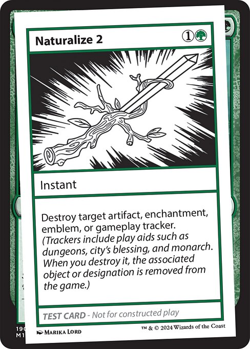Destroy target artifact, enchantment, emblem, or gameplay tracker. (Trackers include play aids such as dungeons, city's blessing, and monarch. When you destroy it, the associated object or designation is removed from the game.)
