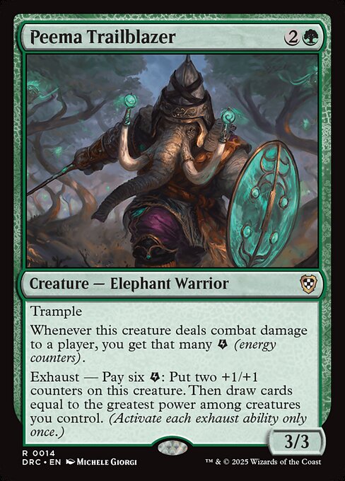 Trample
Whenever this creature deals combat damage to a player, you get that many {E} (energy counters).
Exhaust — Pay six {E}: Put two +1/+1 counters on this creature. Then draw cards equal to the greatest power among creatures you control. (Activate each exhaust ability only once.)