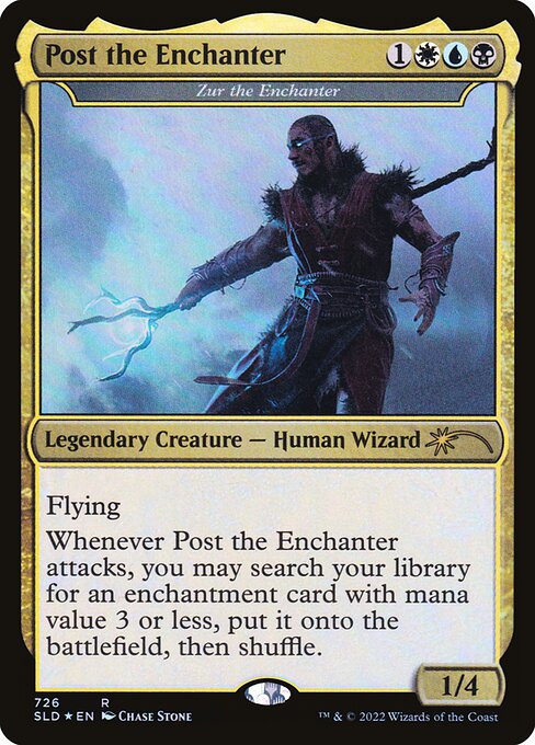 Flying
Whenever Zur the Enchanter attacks, you may search your library for an enchantment card with mana value 3 or less, put it onto the battlefield, then shuffle.