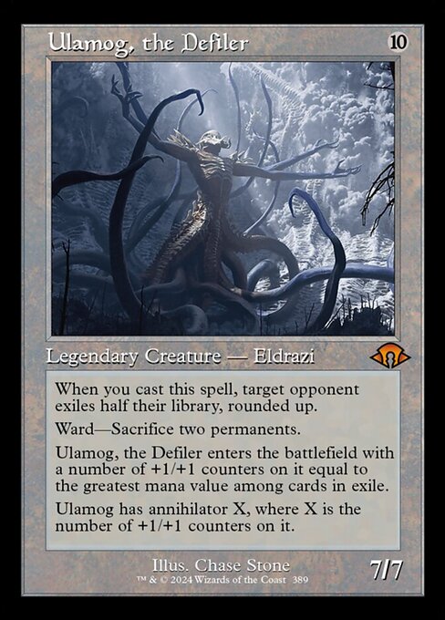 When you cast this spell, target opponent exiles half their library, rounded up.
Ward—Sacrifice two permanents.
Ulamog, the Defiler enters the battlefield with a number of +1/+1 counters on it equal to the greatest mana value among cards in exile.
Ulamog has annihilator X, where X is the number of +1/+1 counters on it.