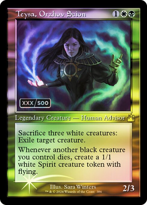 Sacrifice three white creatures: Exile target creature.
Whenever another black creature you control dies, create a 1/1 white Spirit creature token with flying.