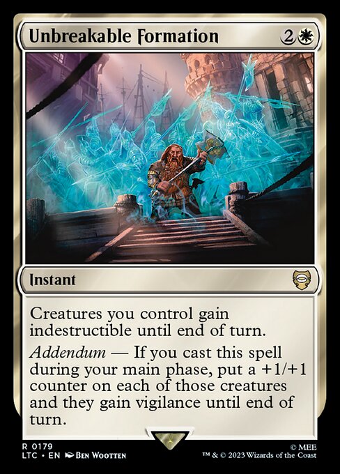 Creatures you control gain indestructible until end of turn.
Addendum — If you cast this spell during your main phase, put a +1/+1 counter on each of those creatures and they gain vigilance until end of turn.