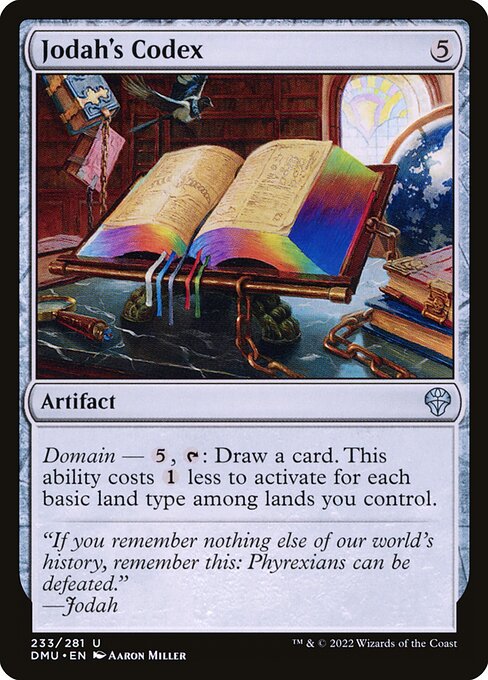 Domain — {5}, {T}: Draw a card. This ability costs {1} less to activate for each basic land type among lands you control.