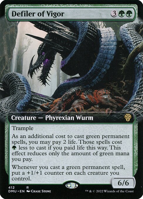 Trample
As an additional cost to cast green permanent spells, you may pay 2 life. Those spells cost {G} less to cast if you paid life this way. This effect reduces only the amount of green mana you pay.
Whenever you cast a green permanent spell, put a +1/+1 counter on each creature you control.