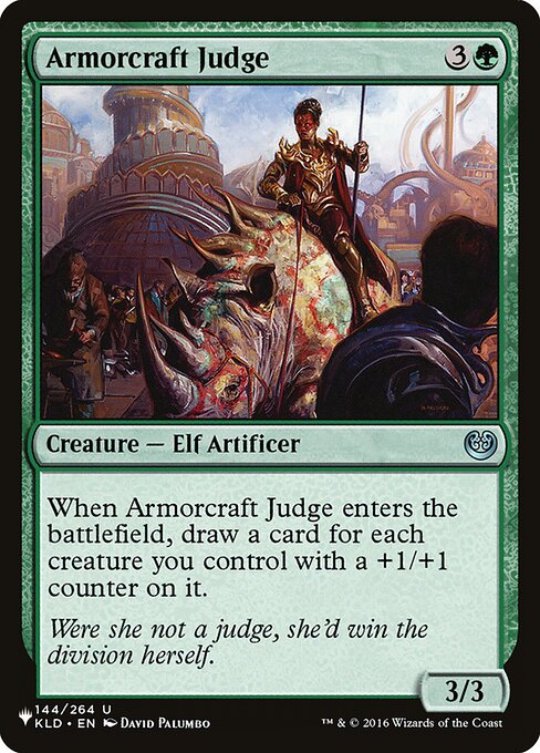 When Armorcraft Judge enters, draw a card for each creature you control with a +1/+1 counter on it.