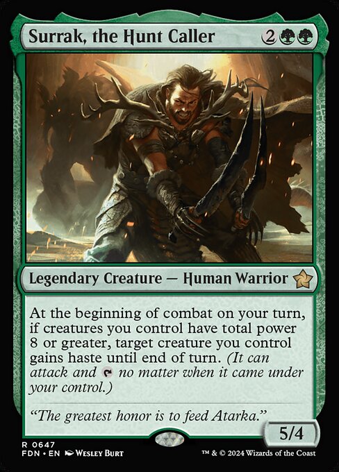 At the beginning of combat on your turn, if creatures you control have total power 8 or greater, target creature you control gains haste until end of turn. (It can attack and {T} no matter when it came under your control.)
