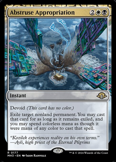 Devoid (This card has no color.)
Exile target nonland permanent. You may cast that card for as long as it remains exiled, and you may spend colorless mana as though it were mana of any color to cast that spell.
