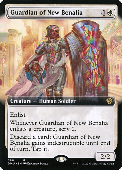 Enlist (As this creature attacks, you may tap a nonattacking creature you control without summoning sickness. When you do, add its power to this creature's until end of turn.)
Whenever Guardian of New Benalia enlists a creature, scry 2.
Discard a card: Guardian of New Benalia gains indestructible until end of turn. Tap it.