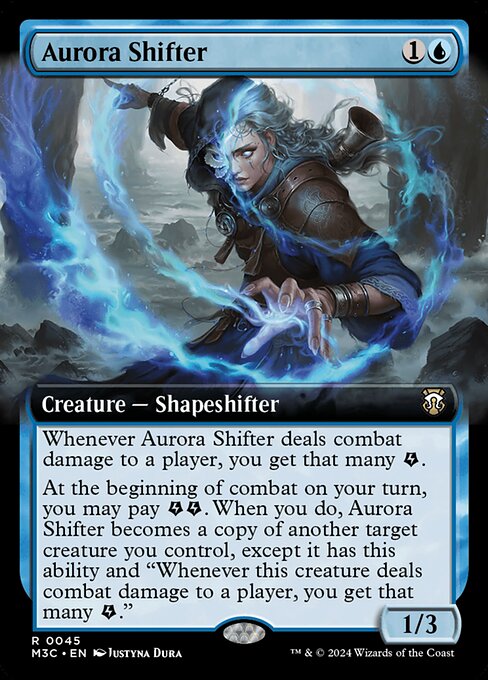Whenever Aurora Shifter deals combat damage to a player, you get that many {E}.
At the beginning of combat on your turn, you may pay {E}{E}. When you do, Aurora Shifter becomes a copy of another target creature you control, except it has this ability and "Whenever this creature deals combat damage to a player, you get that many {E}."