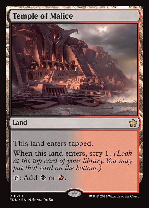 This land enters tapped.
When this land enters, scry 1. (Look at the top card of your library. You may put that card on the bottom.)
{T}: Add {B} or {R}.