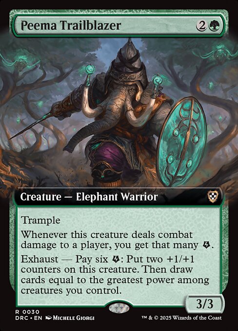 Trample
Whenever this creature deals combat damage to a player, you get that many {E} (energy counters).
Exhaust — Pay six {E}: Put two +1/+1 counters on this creature. Then draw cards equal to the greatest power among creatures you control. (Activate each exhaust ability only once.)