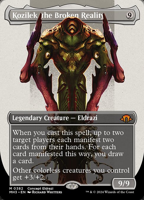 When you cast this spell, up to two target players each manifest two cards from their hands. For each card manifested this way, you draw a card. (To manifest a card, put it onto the battlefield face down as a 2/2 creature. Turn it face up any time for its mana cost if it's a creature card.)
Other colorless creatures you control get +3/+2.