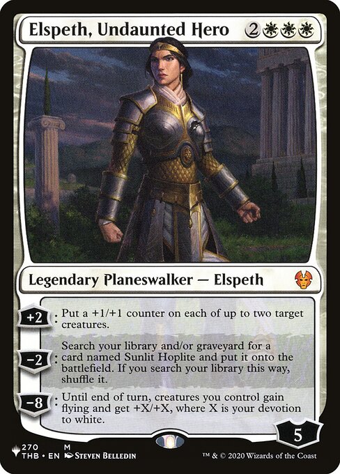 +2: Put a +1/+1 counter on each of up to two target creatures.
−2: Search your library and/or graveyard for a card named Sunlit Hoplite and put it onto the battlefield. If you search your library this way, shuffle.
−8: Until end of turn, creatures you control gain flying and get +X/+X, where X is your devotion to white.