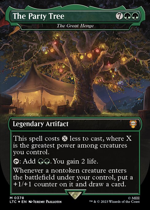 This spell costs {X} less to cast, where X is the greatest power among creatures you control.
{T}: Add {G}{G}. You gain 2 life.
Whenever a nontoken creature you control enters, put a +1/+1 counter on it and draw a card.