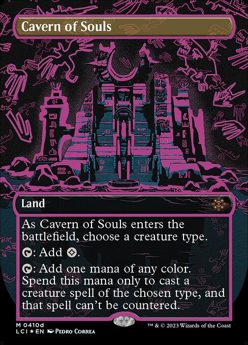As Cavern of Souls enters the battlefield, choose a creature type.
{T}: Add {C}.
{T}: Add one mana of any color. Spend this mana only to cast a creature spell of the chosen type, and that spell can't be countered.