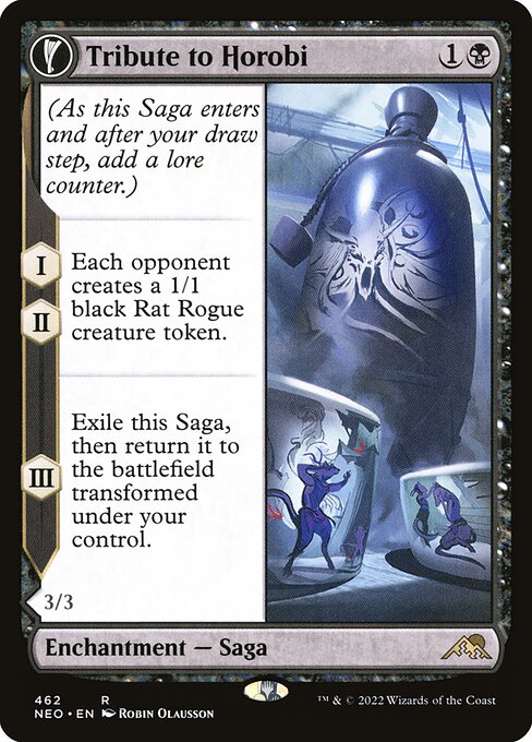 (As this Saga enters and after your draw step, add a lore counter.)
I, II — Each opponent creates a 1/1 black Rat Rogue creature token.
III — Exile this Saga, then return it to the battlefield transformed under your control. Flying, haste
When Echo of Death's Wail enters the battlefield, gain control of all Rat tokens.
Whenever Echo of Death's Wail attacks, you may sacrifice another creature. If you do, draw a card.