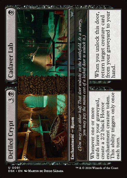 (You may cast either half. That door unlocks on the battlefield. As a sorcery, you may pay the mana cost of a locked door to unlock it.)
Whenever one or more cards leave your graveyard, create a 2/2 black Horror enchantment creature token. This ability triggers only once each turn. (You may cast either half. That door unlocks on the battlefield. As a sorcery, you may pay the mana cost of a locked door to unlock it.)
When you unlock this door, return target creature card from your graveyard to