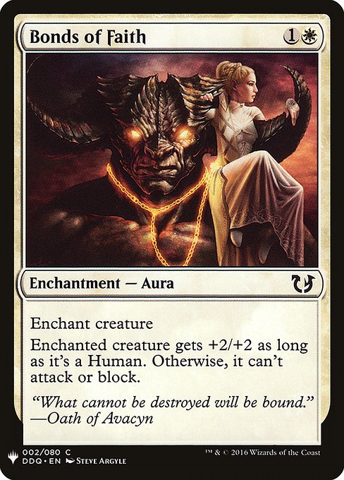 Enchant creature
Enchanted creature gets +2/+2 as long as it's a Human. Otherwise, it can't attack or block.