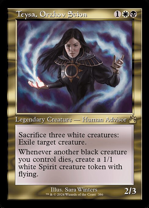 Sacrifice three white creatures: Exile target creature.
Whenever another black creature you control dies, create a 1/1 white Spirit creature token with flying.