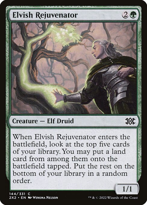When Elvish Rejuvenator enters the battlefield, look at the top five cards of your library. You may put a land card from among them onto the battlefield tapped. Put the rest on the bottom of your library in a random order.