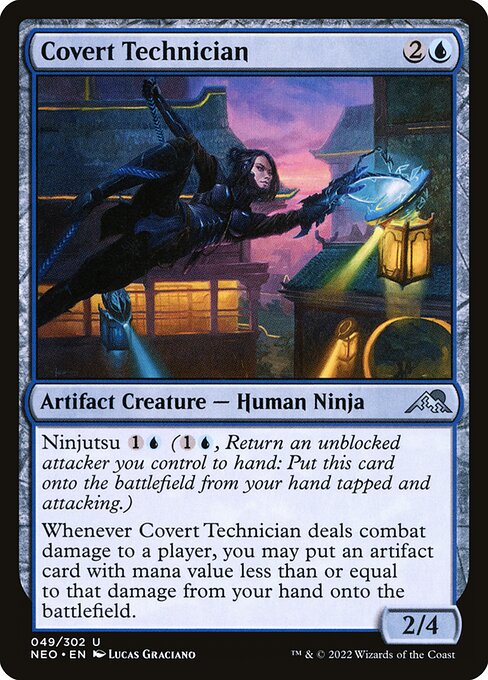 Ninjutsu {1}{U} ({1}{U}, Return an unblocked attacker you control to hand: Put this card onto the battlefield from your hand tapped and attacking.)
Whenever Covert Technician deals combat damage to a player, you may put an artifact card with mana value less than or equal to that damage from your hand onto the battlefield.