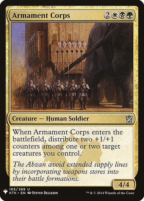 When Armament Corps enters, distribute two +1/+1 counters among one or two target creatures you control.