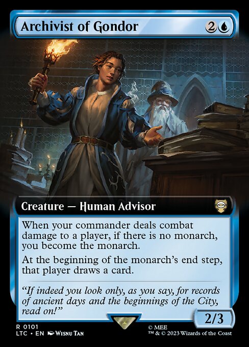 When your commander deals combat damage to a player, if there is no monarch, you become the monarch.
At the beginning of the monarch's end step, that player draws a card.