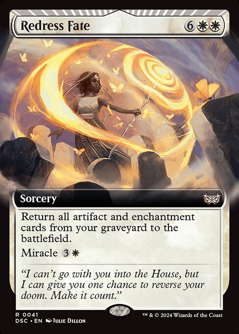 Return all artifact and enchantment cards from your graveyard to the battlefield.
Miracle {3}{W} (You may cast this card for its miracle cost when you draw it if it's the first card you drew this turn.)