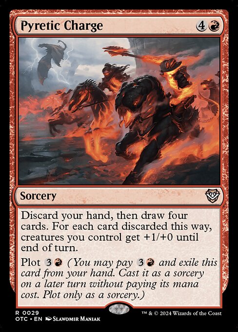 Discard your hand, then draw four cards. For each card discarded this way, creatures you control get +1/+0 until end of turn.
Plot {3}{R} (You may pay {3}{R} and exile this card from your hand. Cast it as a sorcery on a later turn without paying its mana cost. Plot only as a sorcery.)